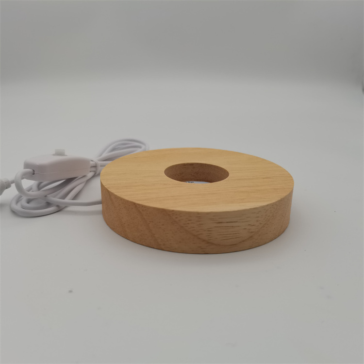 Custom USB Rubberwood 3D Round Wooden Base Crystal Display Stand LED Resin lamp holder