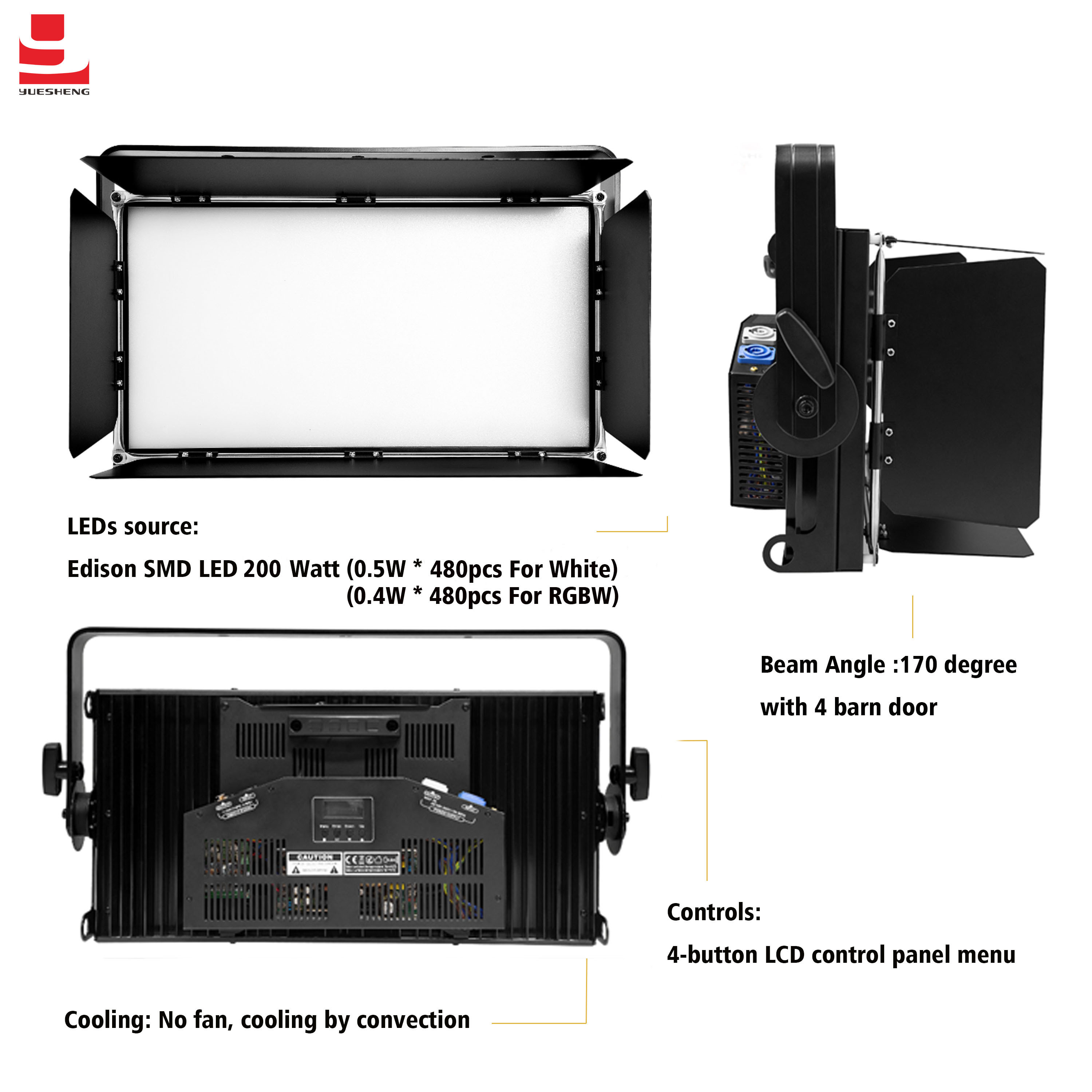 YS-480-W DMX512 LED 200w Studio panel Warm White Cool White Led Soft Video Panel Light