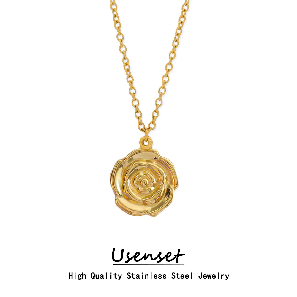 USENSET USENSET Stainless Steel Jewelry Personalized Gold Flower Big Rose Pendant Necklace For Women 18K Gold Plated Waterproof