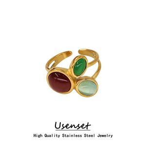 USENSET 3 Colors Natural Stone Stainless Steel Ring Personalized Women Wide Finger Jewelry Waterproof Vacation Gift