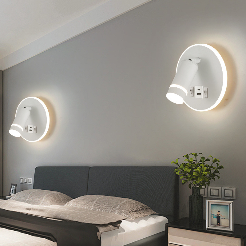 Rechargeable Round Led White Bedside Wall Mounted Lamp Simple Modern Rotatable Wall Sconce Lights For home With USB Type-c