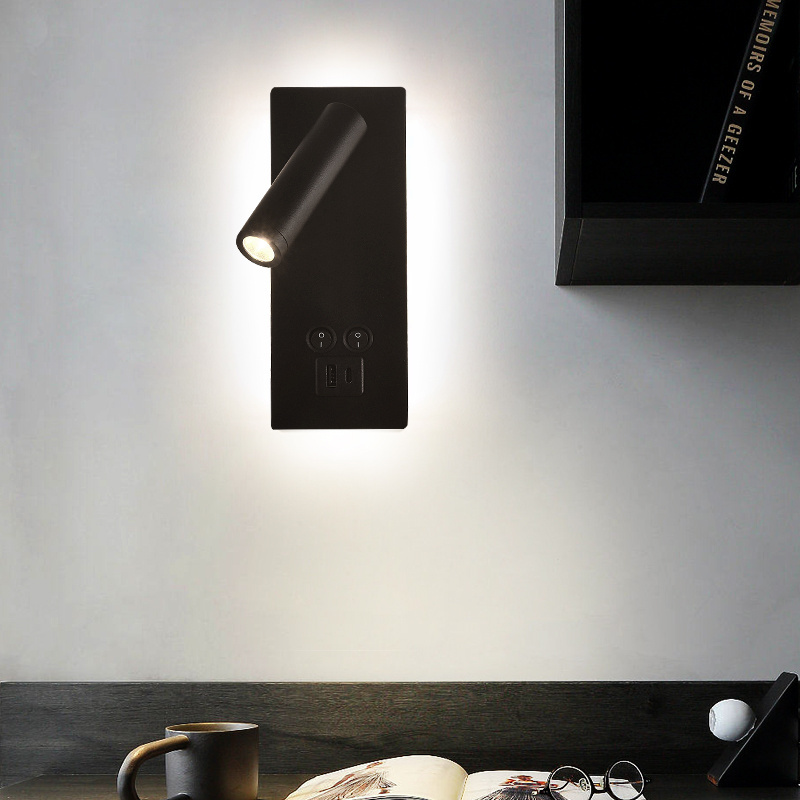 Hot Sale Black Indoor Modern Hotel Wall Reading Lamp Living Room Bedroom Bedside Light Wall Sconce With USB and Type-C