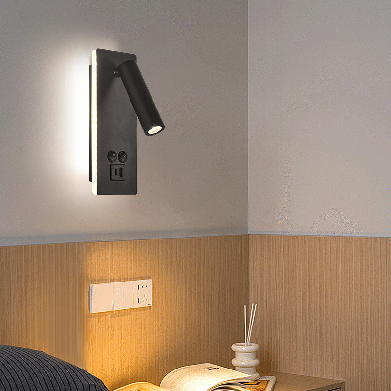 Hot Sale Black Indoor Modern Hotel Wall Reading Lamp Living Room Bedroom Bedside Light Wall Sconce With USB and Type-C