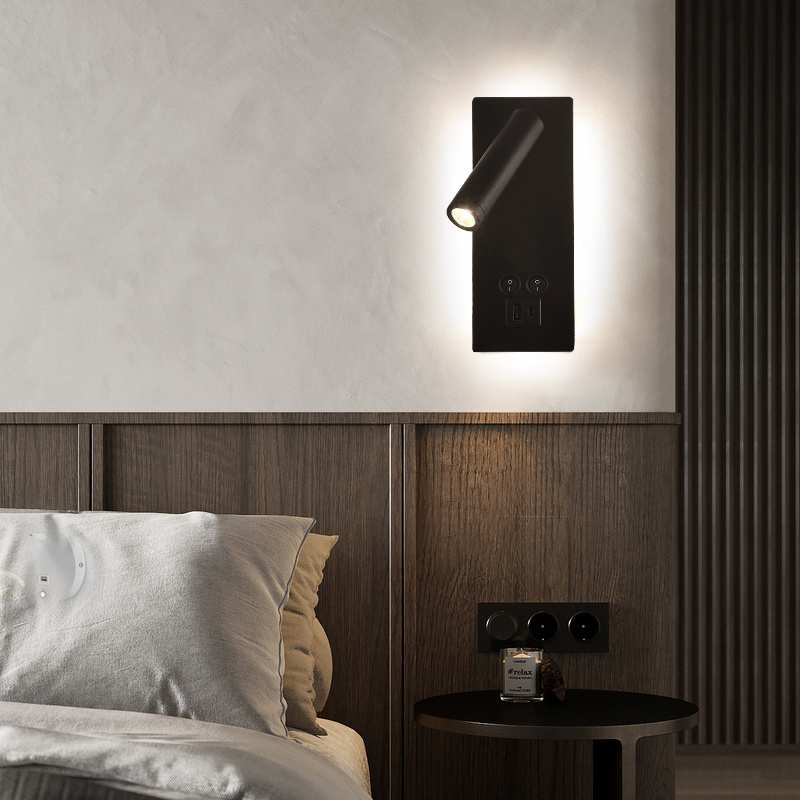 Hot Sale Black Indoor Modern Hotel Wall Reading Lamp Living Room Bedroom Bedside Light Wall Sconce With USB and Type-C