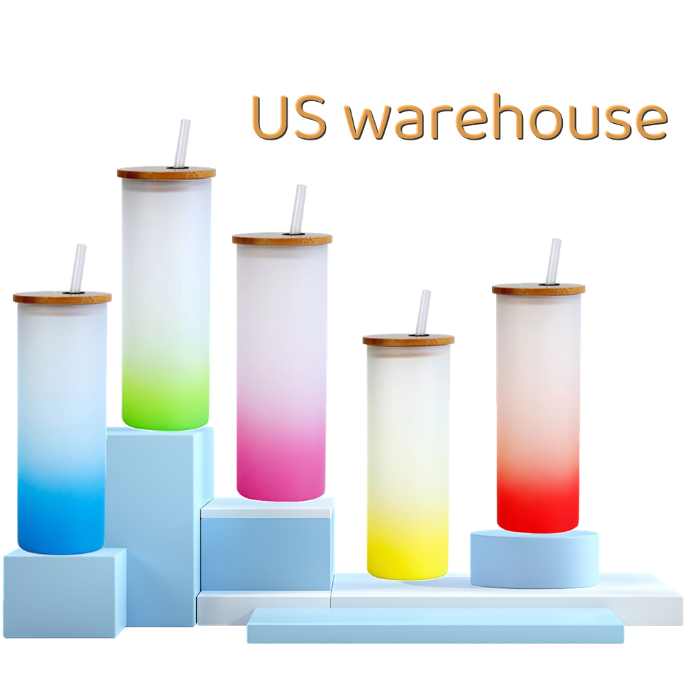 Us Warehouse Colorful Glass Mug 25oz Gradient Color Sublimation Frosted Glass Tumbler With Bamboo Lid