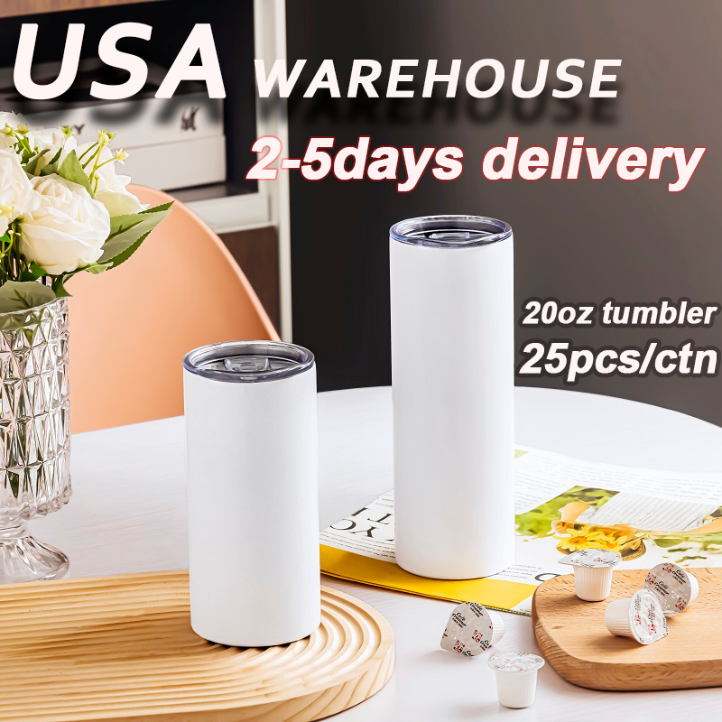 USA Warehouse Stocked Stainless Steel Double Wall insulated 20oz White Straight Slim Sublimation Blanks Tumbler With Straws