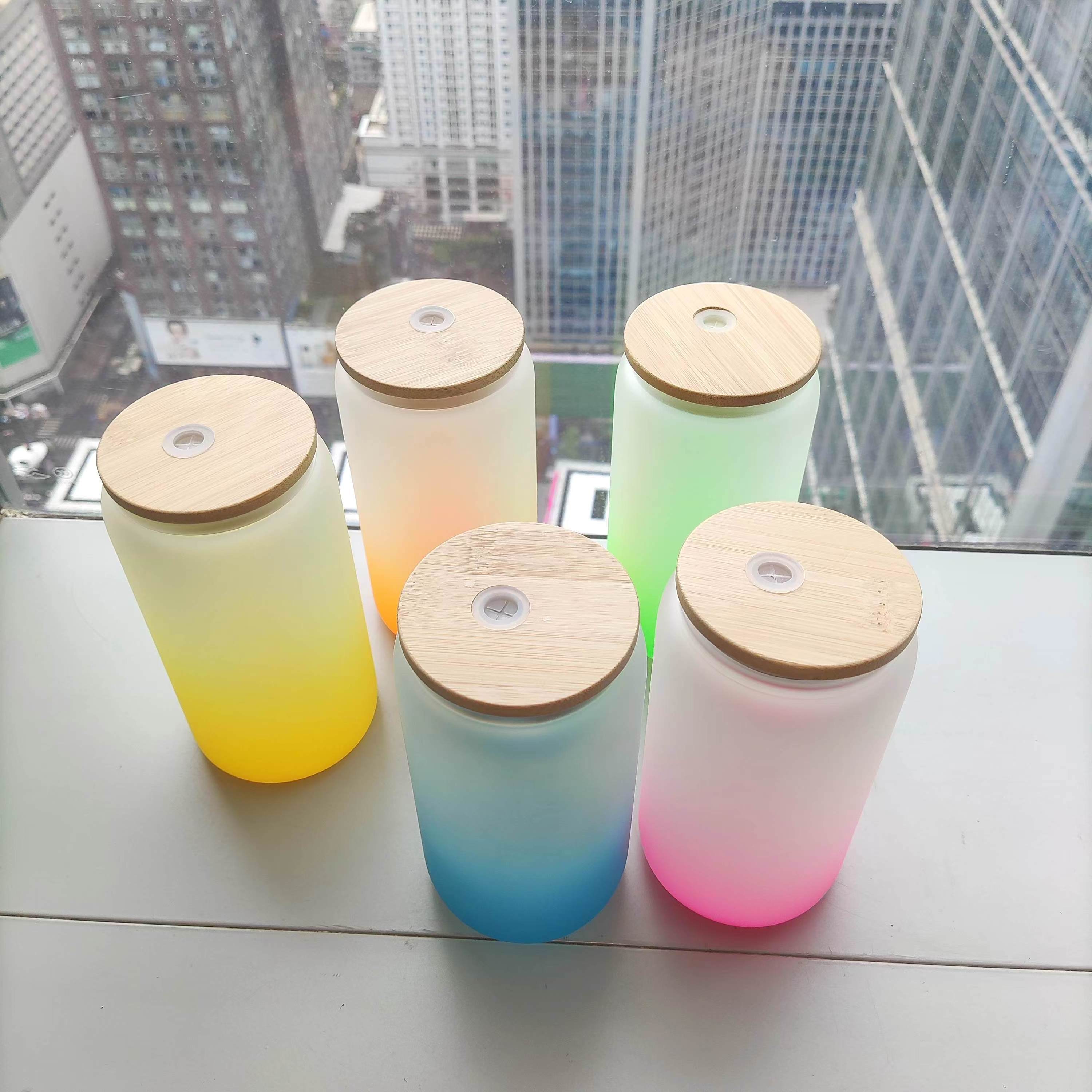 US warehouse Frosted Gradient  Mason Jar Sublimation Glass 16oz Beer Can With Bamboo Lids And Plastic Straws