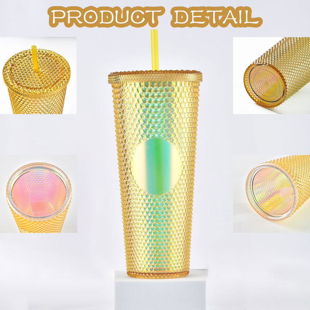 Modern Double Wall 24oz Reusable BPA Free Diamond Drinking Cup Double Wall Plastic Tumbler with Lid and Straw