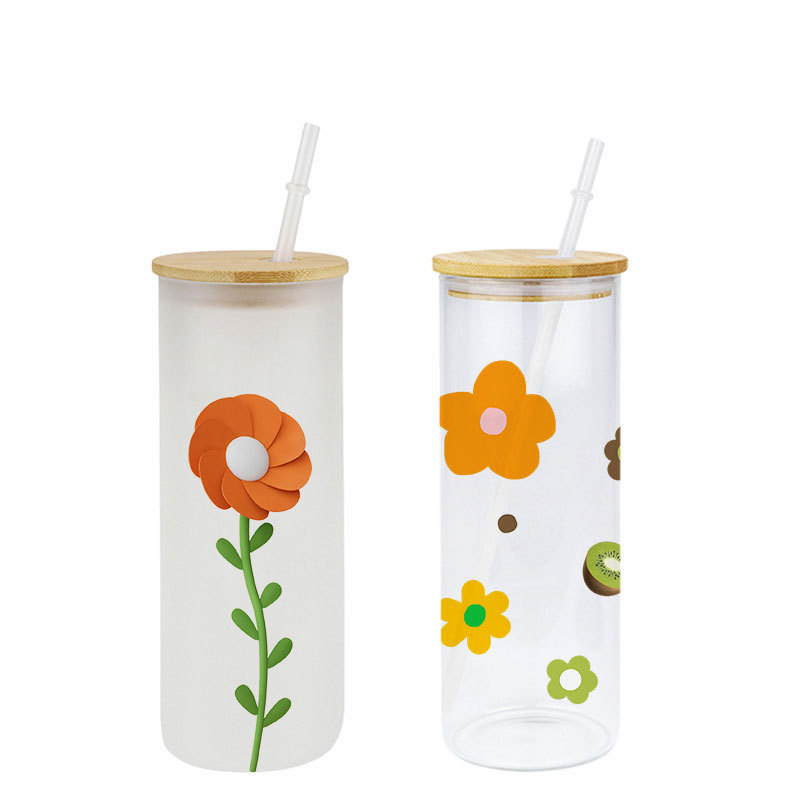 Usa Warehouse 25oz Skinny Straight Clear Frosted Sublimation Glass Tumbler Beer Can With Bamboo Lid And Straw