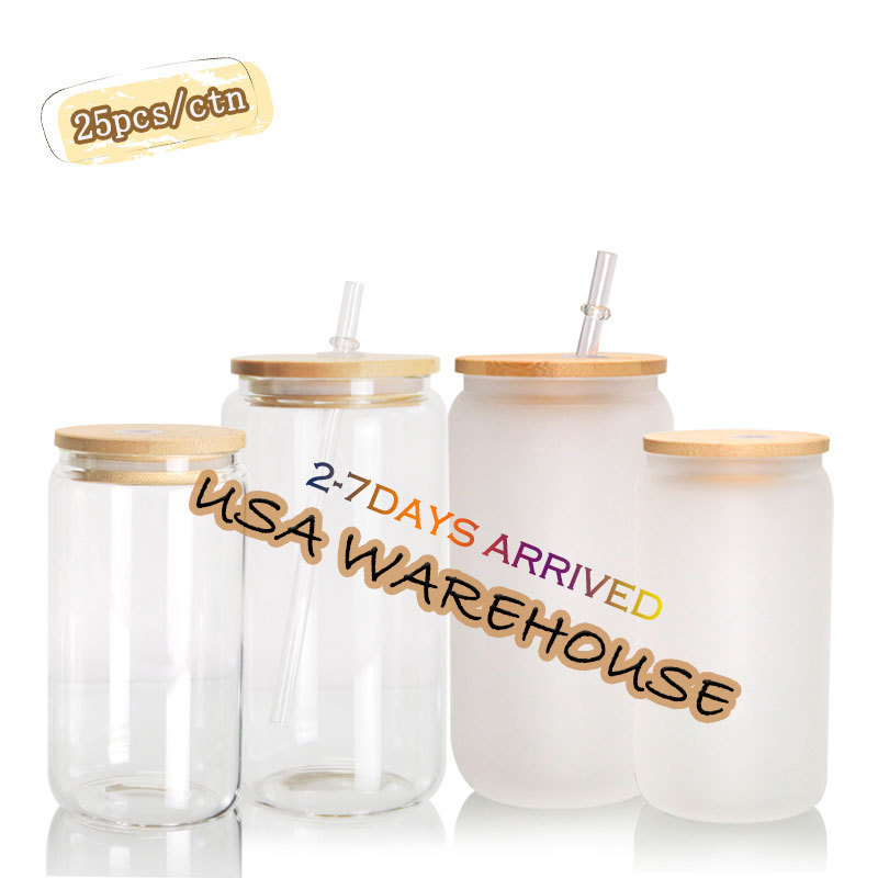 US Warehouse 16Oz 20Oz 25Oz Sublimation Frosted Clear Beer Reusable Double Wall Glass Water Bottle Beer Cans With Bamboo Lid