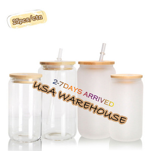 US Warehouse 16Oz 20Oz 25Oz Sublimation Frosted Clear Beer Reusable Double Wall Glass Water Bottle Beer Cans With Bamboo Lid