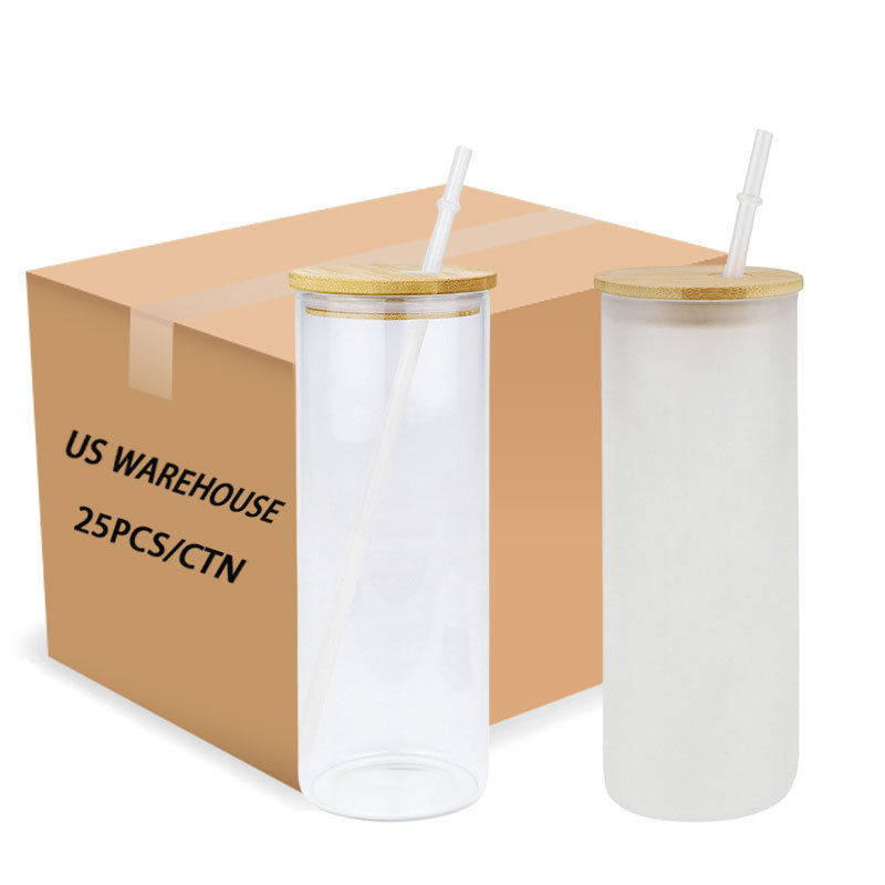 Usa Warehouse 25oz Skinny Straight Clear Frosted Sublimation Glass Tumbler Beer Can With Bamboo Lid And Straw