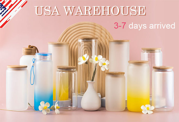 USA warehouse Sublimation Blanks 18oz Item Color Glass Tea Cup Frosted Gradient Drinking Water straight Glass Tumbler Mug Bamboo