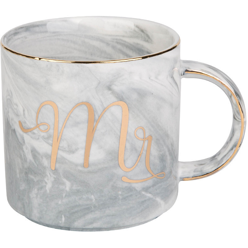 GZYSL Factory custom 380ml Marble Travel Coffee Mug Ceramic Milk Tea Cups Creative Mr and Mrs Mugs with Gold Inlay