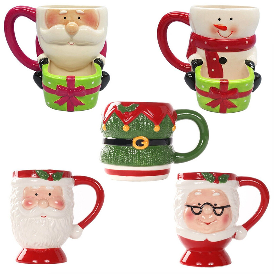 GZYSL custom Vintage Santa Christmas ceramic mugs Creative 3D Cartoon animal Handmade Festival Promotional Snowman Cookie Mug