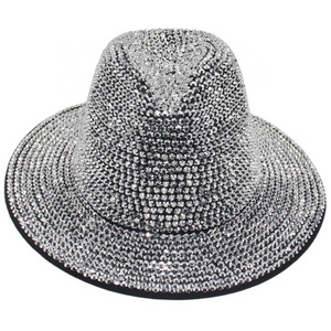 Wholesale 2023 Fashion Bling Studded Fedora Hat Women Rhinestone Wide Brim Fedora Hats