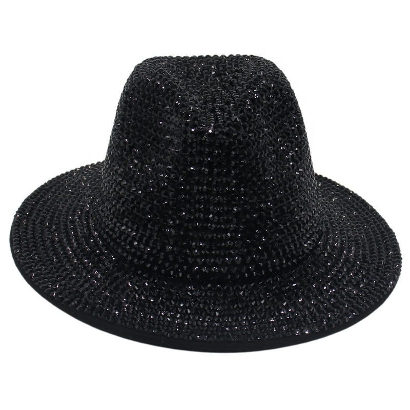 Wholesale 2023 Fashion Bling Studded Fedora Hat Women Rhinestone Wide Brim Fedora Hats