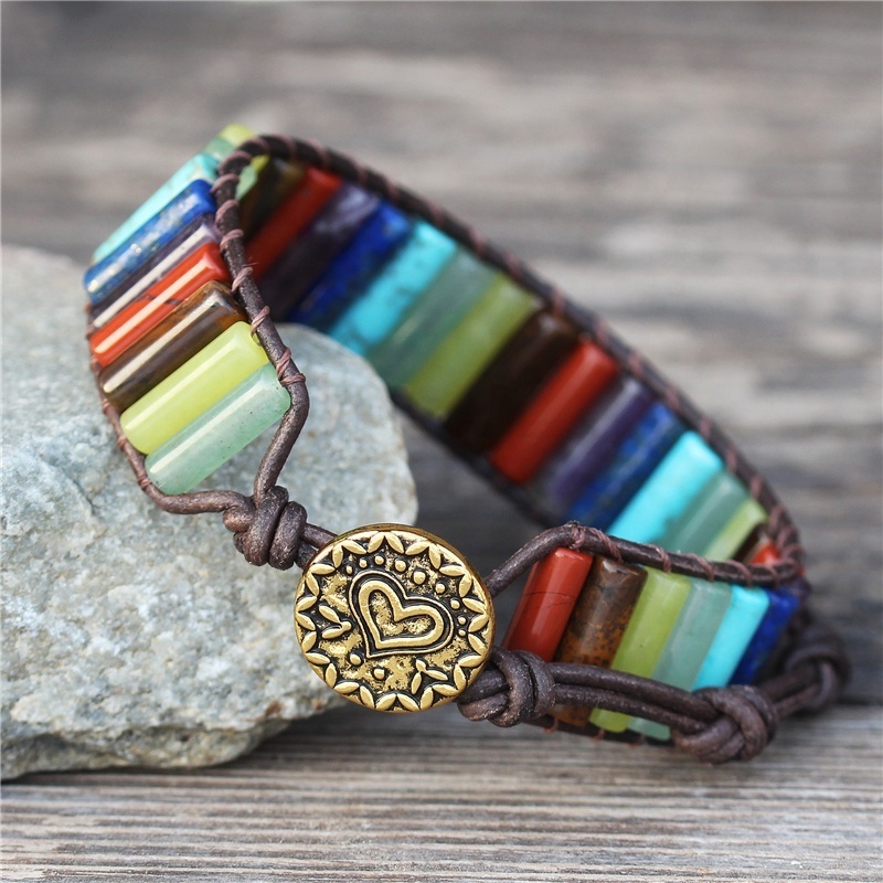 Bohemia Handmade 7 Chakra Natural Stone Tube Beads Cuff Leather Wrap Bracelet Rainbow Yoga Healing Energy Jewelry Wholesale