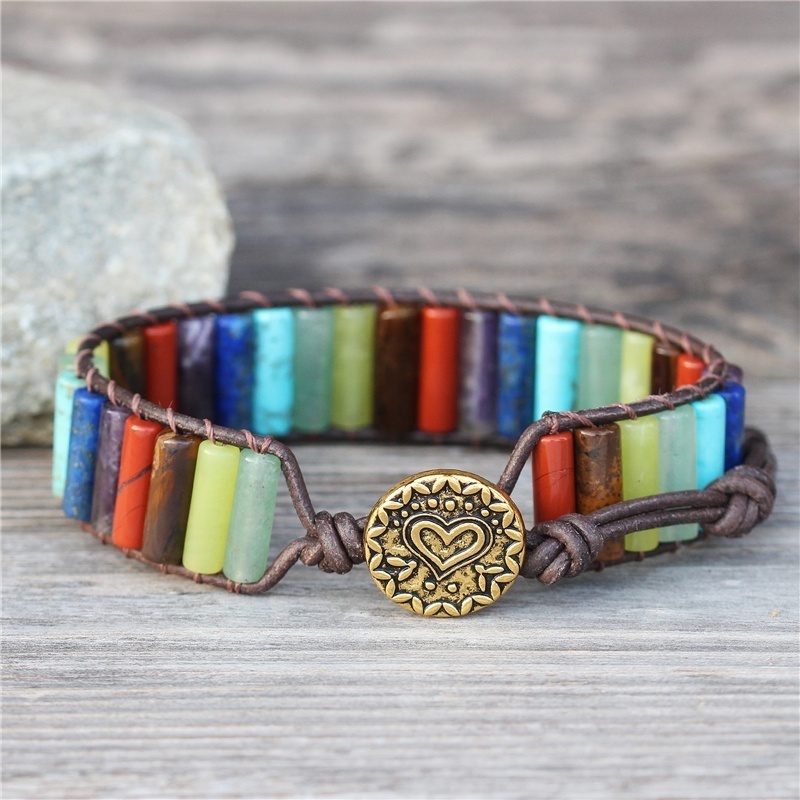 Bohemia Handmade 7 Chakra Natural Stone Tube Beads Cuff Leather Wrap Bracelet Rainbow Yoga Healing Energy Jewelry Wholesale