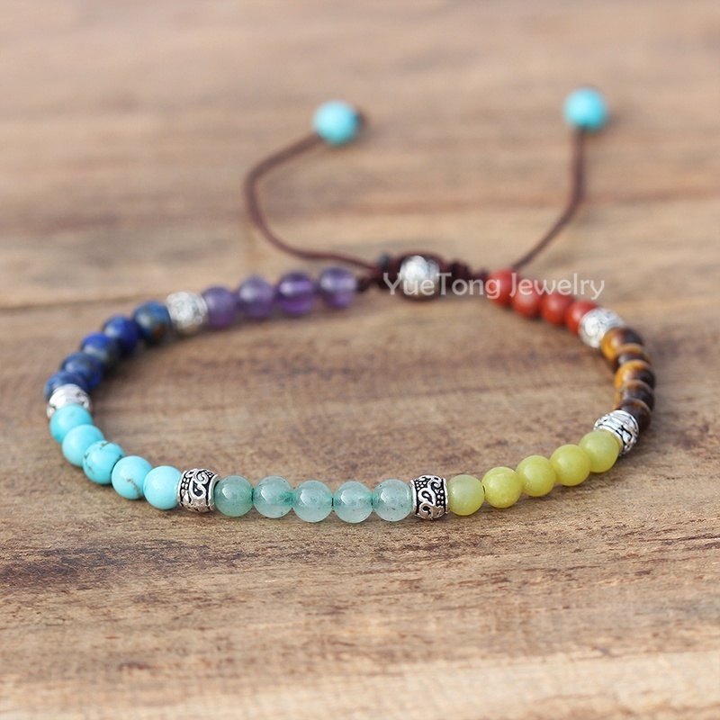 Boho 7 Chakra Rainbow 4mm Natural Stone Beads Dainty Bracelet Ethnic Tibetan Multi Colors Gemstone Women Men Jewelry Dropship