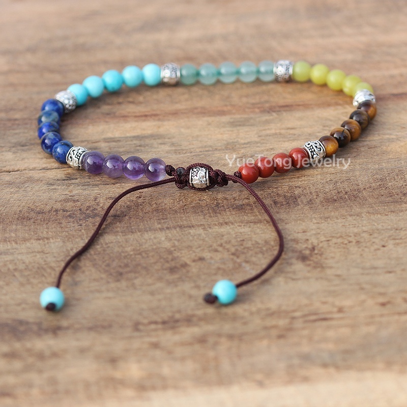 Boho 7 Chakra Rainbow 4mm Natural Stone Beads Dainty Bracelet Ethnic Tibetan Multi Colors Gemstone Women Men Jewelry Dropship