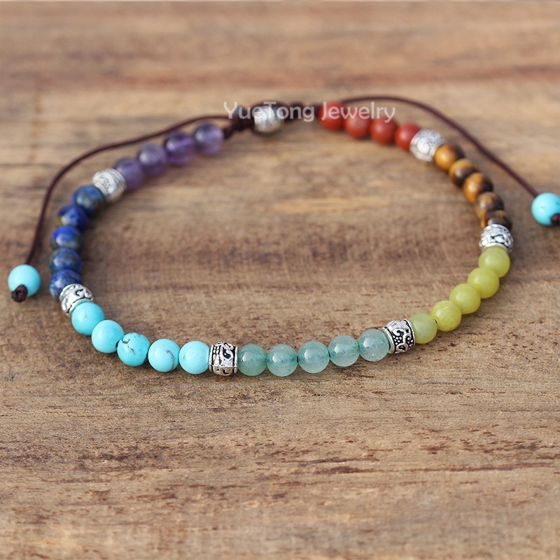 Boho 7 Chakra Rainbow 4mm Natural Stone Beads Dainty Bracelet Ethnic Tibetan Multi Colors Gemstone Women Men Jewelry Dropship