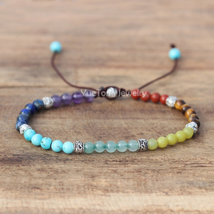 Boho 7 Chakra Rainbow 4mm Natural Stone Beads Dainty Bracelet Ethnic Tibetan Multi Colors Gemstone Women Men Jewelry Dropship