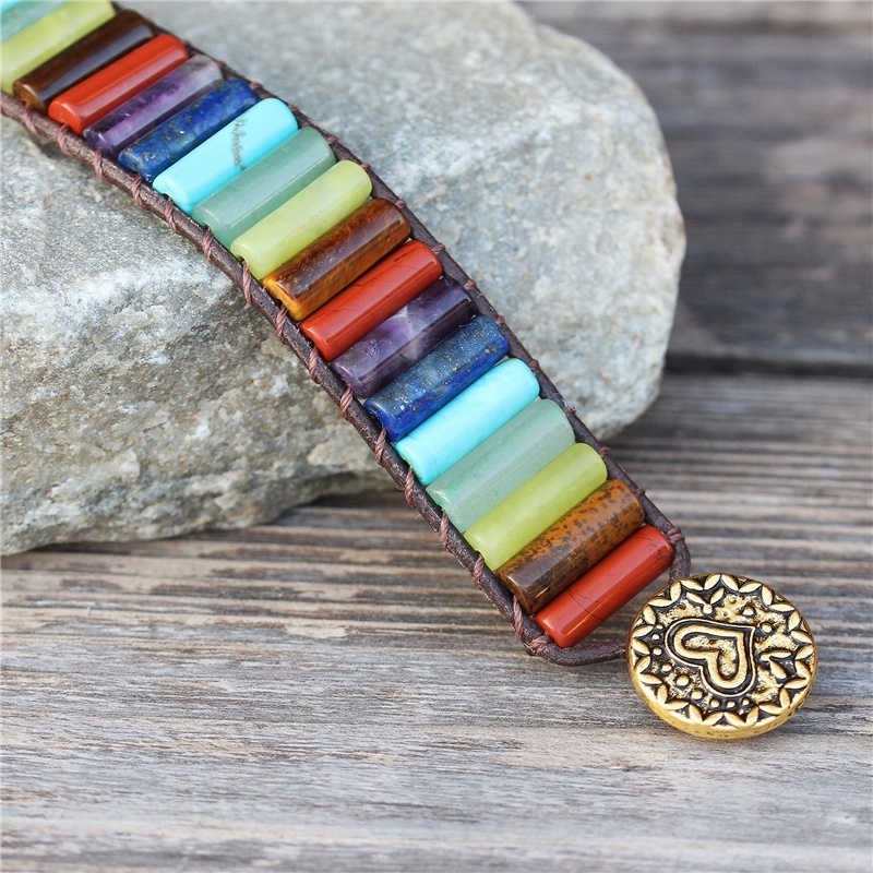 Bohemia Handmade 7 Chakra Natural Stone Tube Beads Cuff Leather Wrap Bracelet Rainbow Yoga Healing Energy Jewelry Wholesale