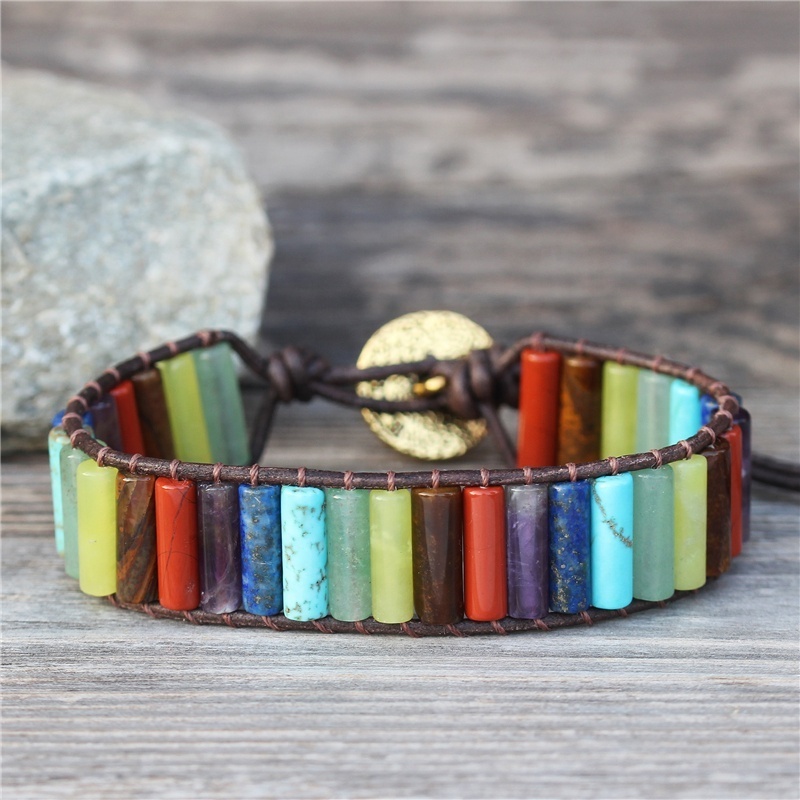 Bohemia Handmade 7 Chakra Natural Stone Tube Beads Cuff Leather Wrap Bracelet Rainbow Yoga Healing Energy Jewelry Wholesale