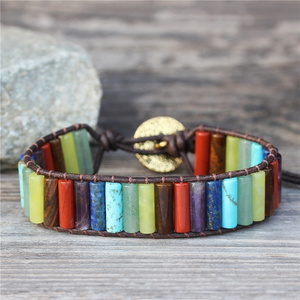 Bohemia Handmade 7 Chakra Natural Stone Tube Beads Cuff Leather Wrap Bracelet Rainbow Yoga Healing Energy Jewelry Wholesale