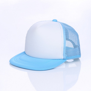 YUEXING Free Sample custom logo children Spot 5 panel blank flat brim snapback kids trucker mesh cap without logo