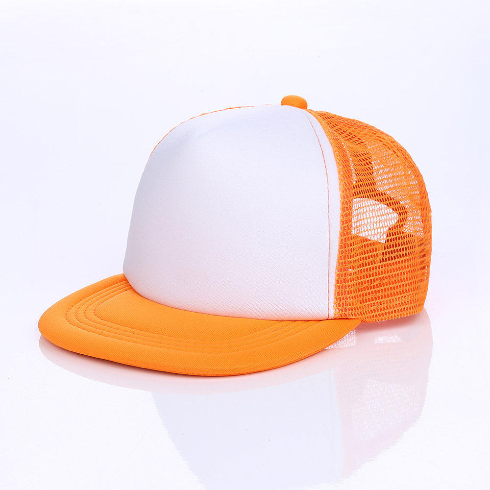 YUEXING Free Sample custom logo children Spot 5 panel blank flat brim snapback kids trucker mesh cap without logo