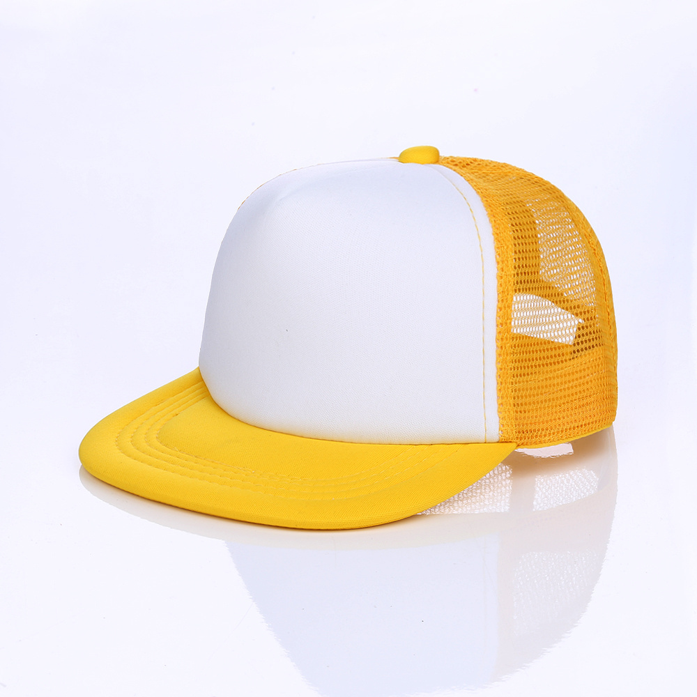 YUEXING Free Sample custom logo children Spot 5 panel blank flat brim snapback kids trucker mesh cap without logo