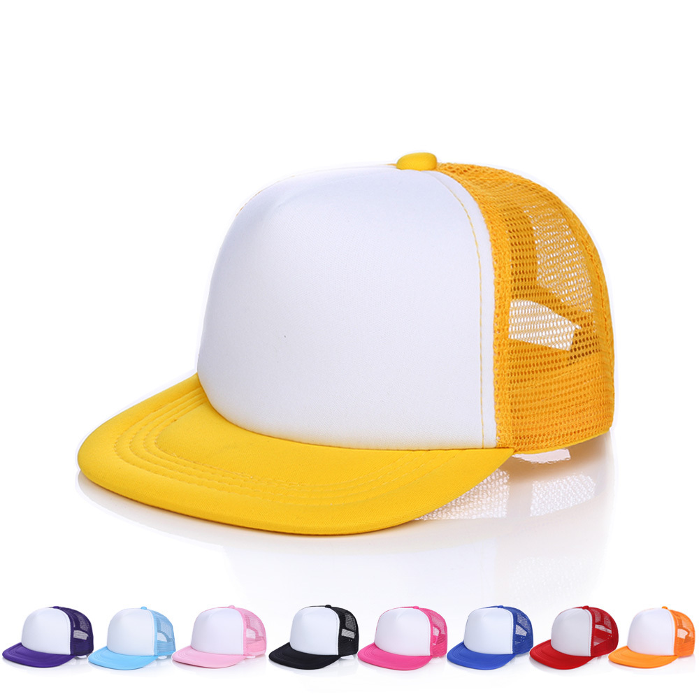 YUEXING Free Sample custom logo children Spot 5 panel blank flat brim snapback kids trucker mesh cap without logo