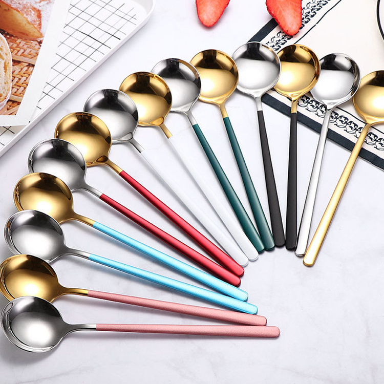 Custom Logo Korean Ins Dessert Teaspoon Stainless Steel Long Handle Round Coffee Spoon