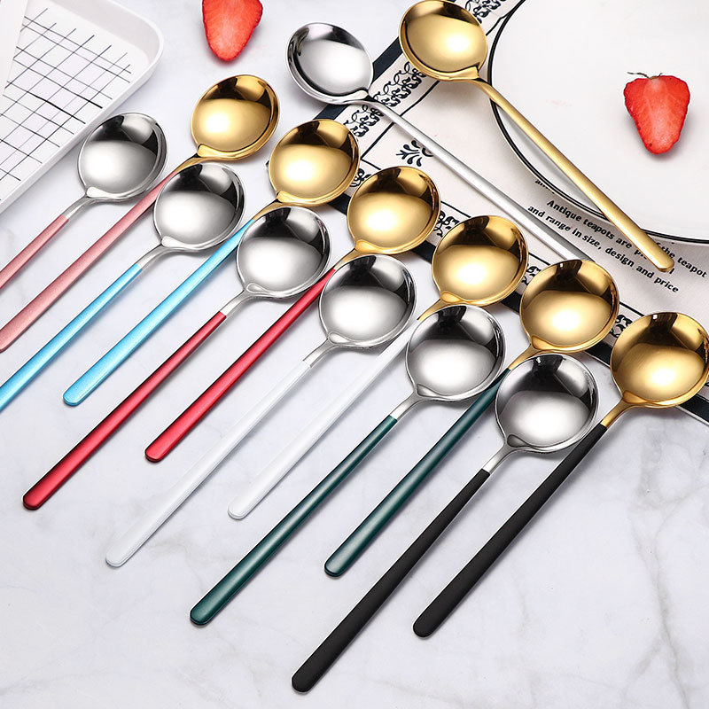 Custom Logo Korean Ins Dessert Teaspoon Stainless Steel Long Handle Round Coffee Spoon