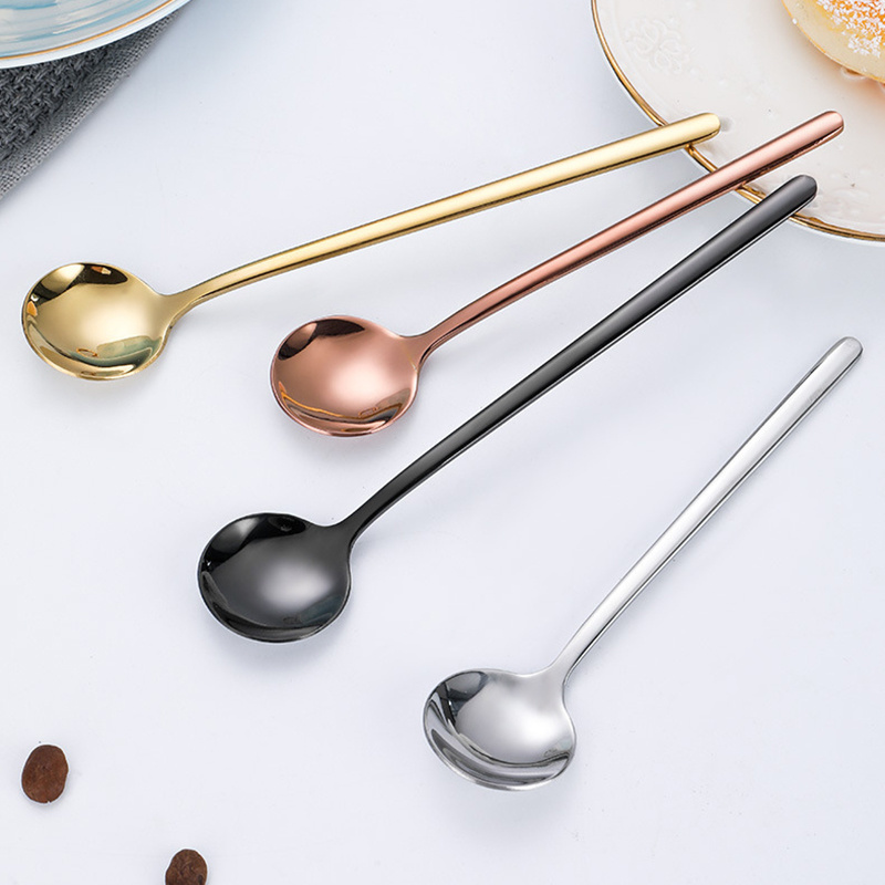 Custom Logo European 304 Stainless Steel Round Long Handle Mini Small Silver Gold Reusable Coffee Tea Stir Spoon