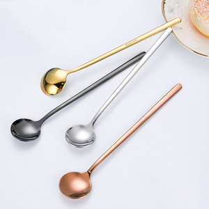 Custom Logo European 304 Stainless Steel Round Long Handle Mini Small Silver Gold Reusable Coffee Tea Stir Spoon