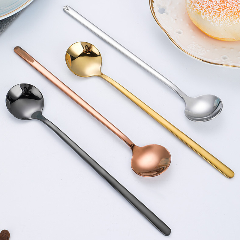 Custom Logo European 304 Stainless Steel Round Long Handle Mini Small Silver Gold Reusable Coffee Tea Stir Spoon