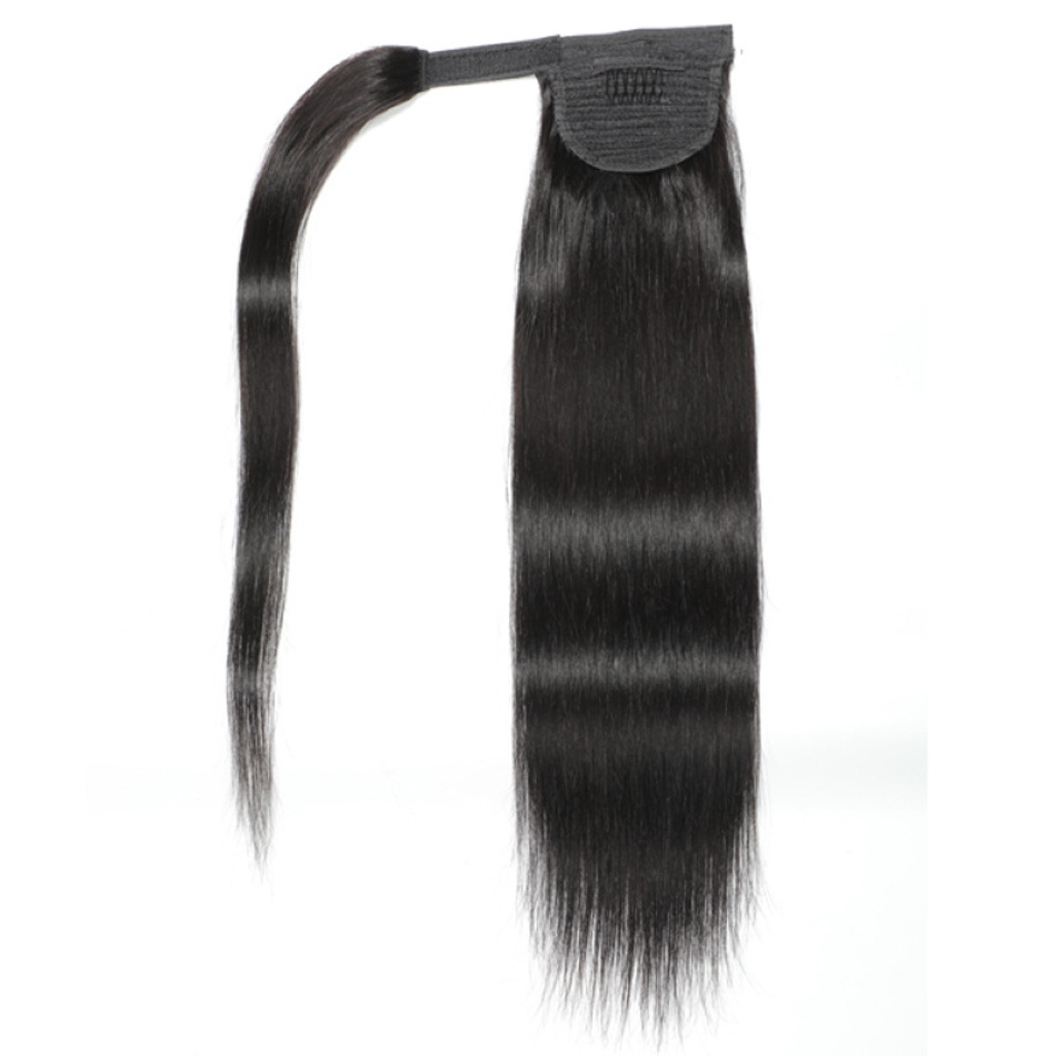 Natural African Girl Silky Straight Human Hair Wrap Around Ponytail Clip In Hair Extensions Black Ponytail for Black Women