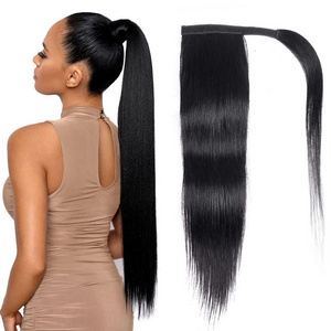 Natural African Girl Silky Straight Human Hair Wrap Around Ponytail Clip In Hair Extensions Black Ponytail for Black Women