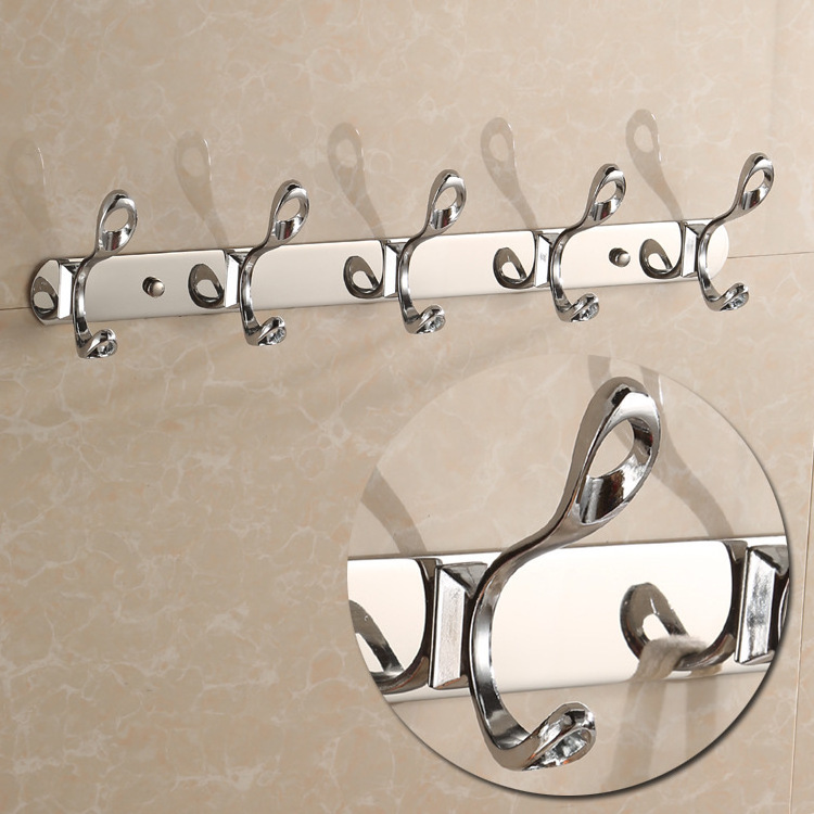 Customized  Wall Mounted Stainless Steel 5 hooks Hanging Clothes Coat Hanger for Bathroom