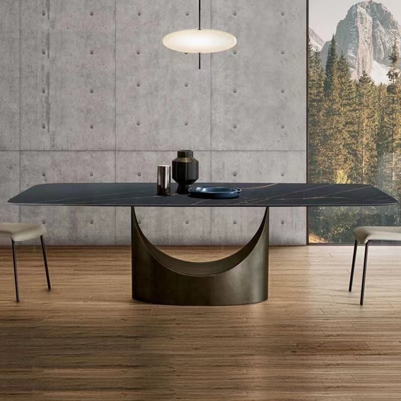 Modern Marble Bronze Stainless Steel Base 1.8 Large Table Customized Black Slate Dining Table