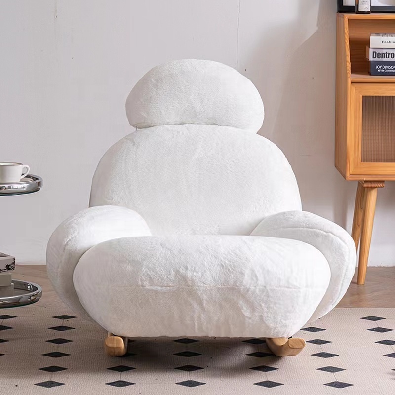 Modern living room white plush fabric Rocking chair with Wood Legs Lounge Chair