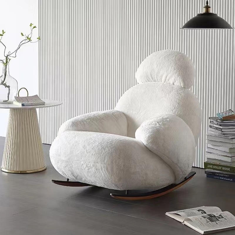 Modern living room white plush fabric Rocking chair with Wood Legs Lounge Chair