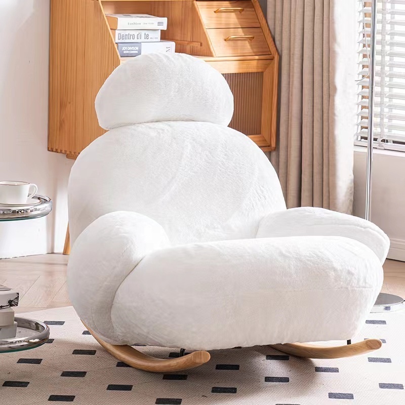 Modern living room white plush fabric Rocking chair with Wood Legs Lounge Chair