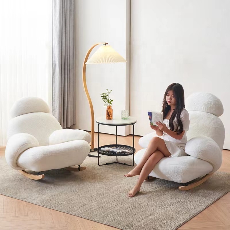 Modern living room white plush fabric Rocking chair with Wood Legs Lounge Chair