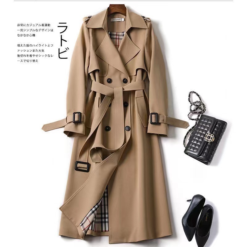 Haze Blue Trench Coat  Female  Autumn 2021 New Mid - long Trim Temperament Coat  Wholesale