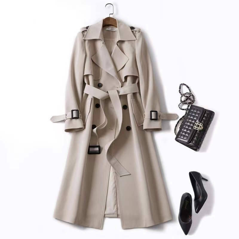 Haze Blue Trench Coat  Female  Autumn 2021 New Mid - long Trim Temperament Coat  Wholesale