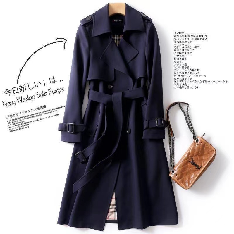 Haze Blue Trench Coat  Female  Autumn 2021 New Mid - long Trim Temperament Coat  Wholesale